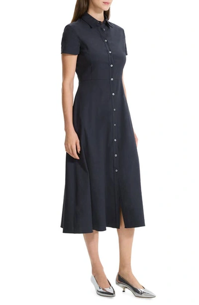 Theory Good Linen Short-sleeve Button-front Midi Shirt Dress In Concord