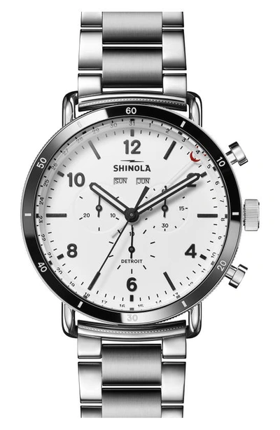 Shop Shinola The Canfield Sport Chronograph Ceramic Bracelet Watch, 45mm In White/ Stainless Steel