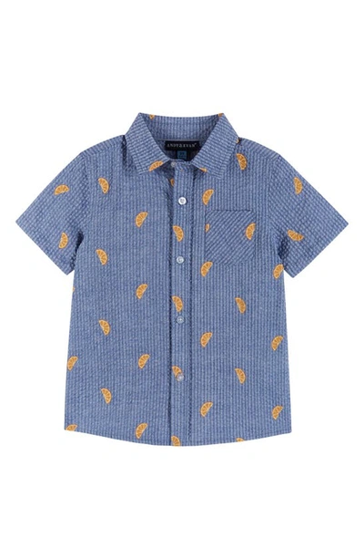 Shop Andy & Evan Kids' Print Seersucker Short Sleeve Button-up Shirt In Blue Orange