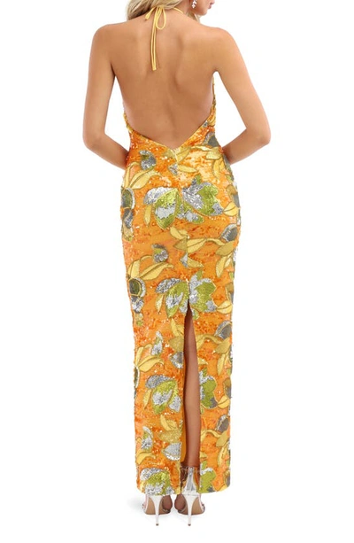Shop Helsi Uma Floral Sequin Halter Neck Sheath Gown In Marigold