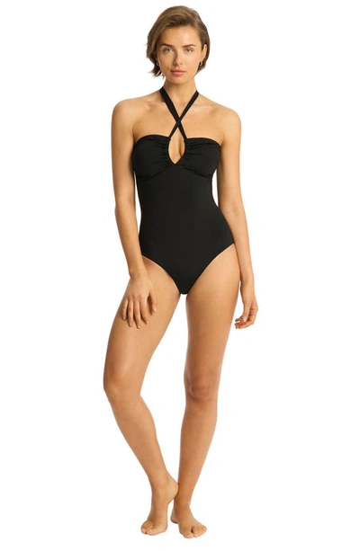 Shop Sea Level Essentials Halter One-piece Swimsuit In Black