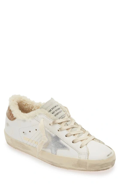 Shop Golden Goose Super-star Genuine Shearling Low Top Sneaker In White/ Silver