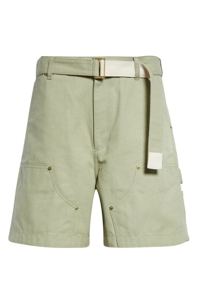 Shop Sacai Carhartt Wip Belted Cotton Canvas Shorts In Light Green