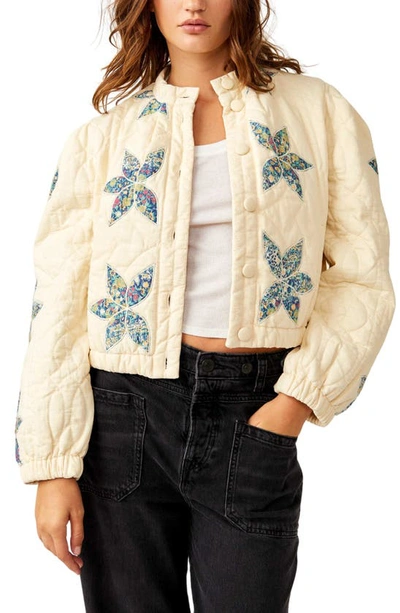 Shop Free People Quinn Floral Accent Quilted Crop Jacket In Teal Combo
