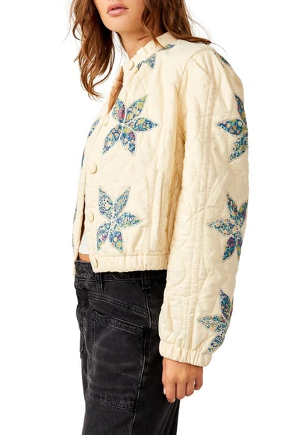 Shop Free People Quinn Floral Accent Quilted Crop Jacket In Teal Combo