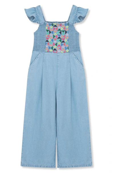 Shop Peek Aren't You Curious Kids' Embroidered Smocked Jumpsuit In Light Denim