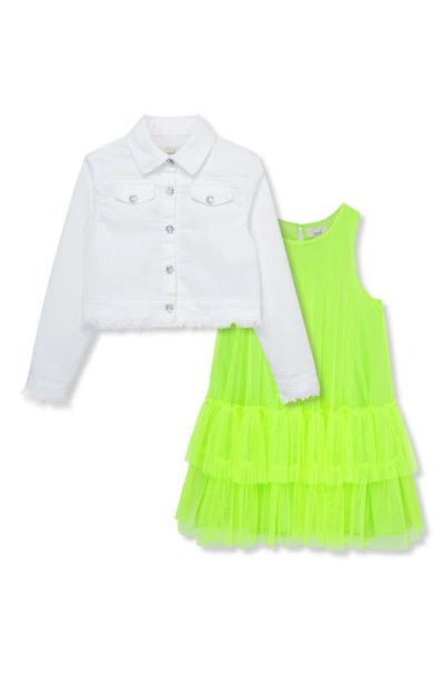 Shop Peek Aren't You Curious Kids' Tiered Tutu Dress & Denim Jacket Set In Lime