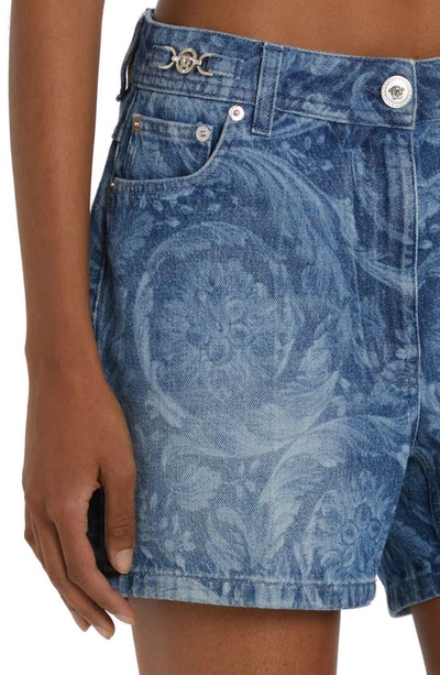 Shop Versace Barocco Laser Print Denim Shorts In Medium Blue
