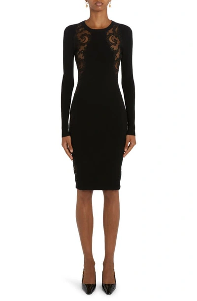 Shop Versace Lace Inset Detail Long Sleeve Knit Dress In Black