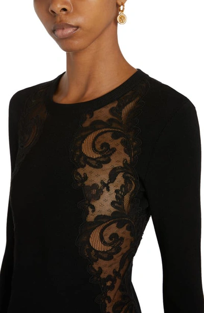 Shop Versace Lace Inset Detail Long Sleeve Knit Dress In Black