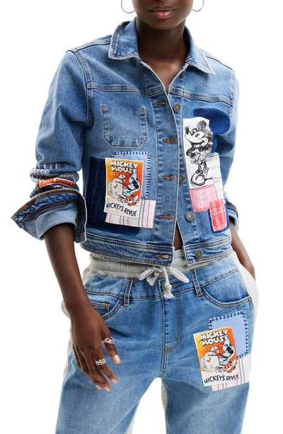 Desigual Walter Mickey Mouse Patchwork Denim Trucker Jacket In Blue
