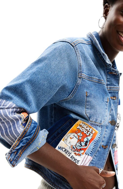 Desigual Walter Mickey Mouse Patchwork Denim Trucker Jacket In Blue