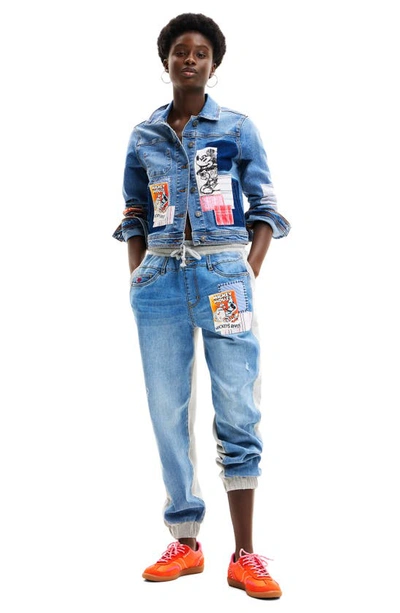 Desigual Walter Mickey Mouse Patchwork Denim Trucker Jacket In Blue