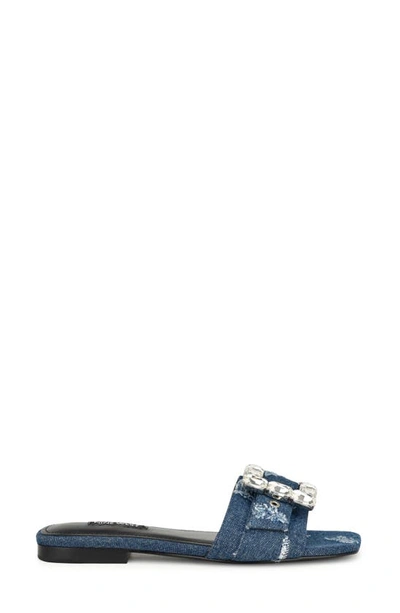 Nine West Matter Crystal Buckle Slide Sandal In Dark Blue