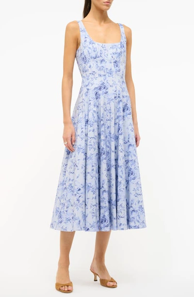 Shop Staud Wells Floral Print Stretch Cotton Midi Dress In Periwinkle Sketchbook Floral