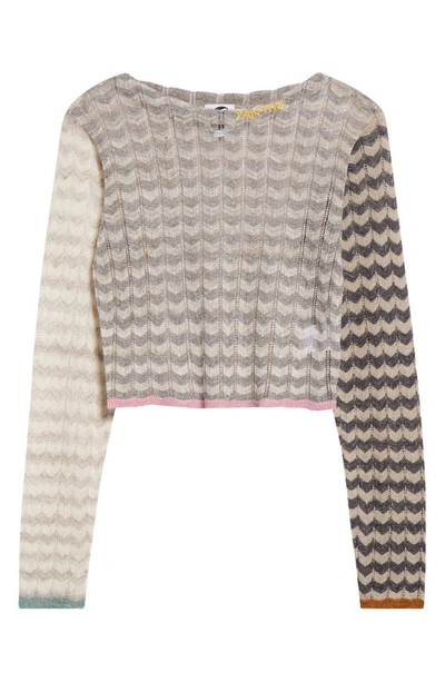 Shop Yanyan Tong Chevron Stripe Pointelle Stitch Crop Sweater In Stone