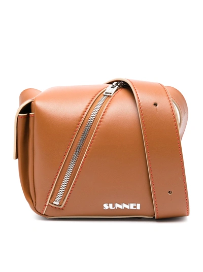 Shop Sunnei Lacubetto Leather Shoulder Bag In Brown