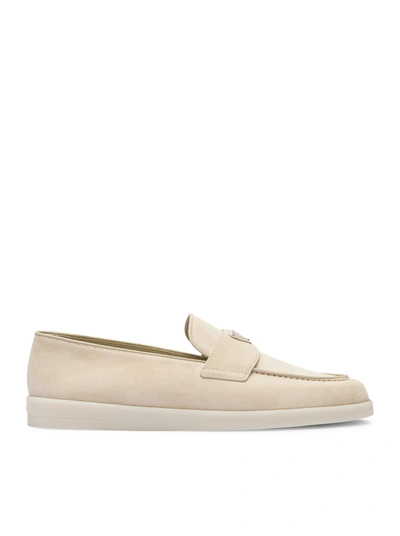 Prada Round Toe Suede Loafers In Neutral