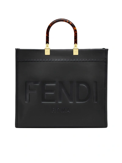 Fendi Black Leather Medium Sunshine Shopper Tote Bag In Black
