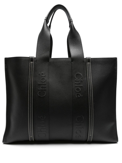 Shop Chloé Black Woody Large Leather Tote Bag