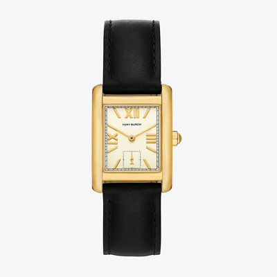 Shop Tory Burch Eleanor Watch, Leather/gold-tone Stainless Steel In Ivory/black