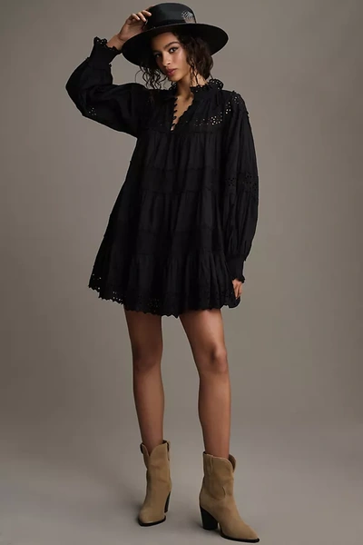 Shop Maeve Long-sleeve Lace Mini Dress In Black