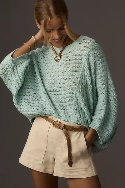 Shop Pilcro Distressed Asymmetrical Open-stitch Sweater In Blue