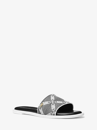 Shop Michael Kors Saylor Empire Logo Jacquard Slide Sandal In Black