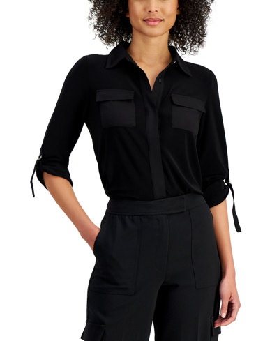 Shop Anne Klein Women's Convertible-sleeve Utility Shirt In Anne Black