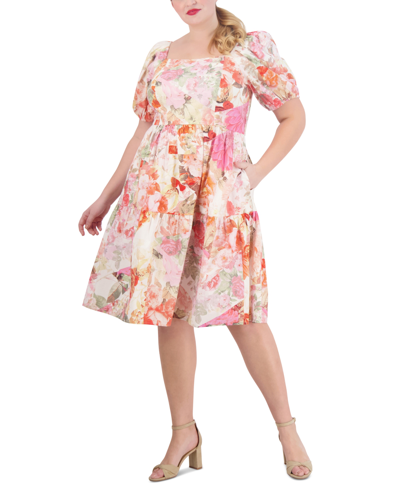 Shop Vince Camuto Plus Size Floral-print Puff-sleeve Midi Dress In Pnk