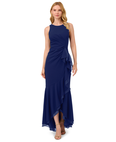 Shop Adrianna Papell Women's Sleeveless Ruffled High-low Gown In Navy Sateen