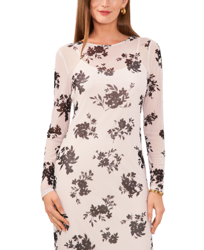 Shop Vince Camuto Women's Floral Printed Long Sleeve Midi Dress In Soft Cream