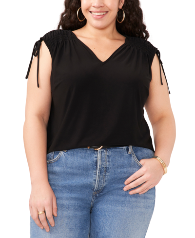 Shop Vince Camuto Plus Size Solid Color V-neck Shirred Shoulder Top In Rich Black