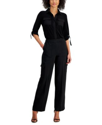 Shop Anne Klein Womens Convertible Sleeve Utility Shirt Tab Waist Cargo Trousers In Anne Black