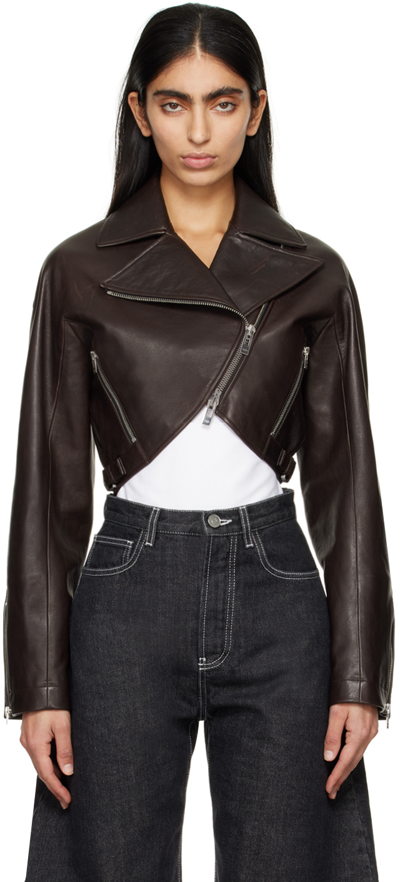 Shop Alaïa Brown Cropped Leather Jacket In 994 - Ebene