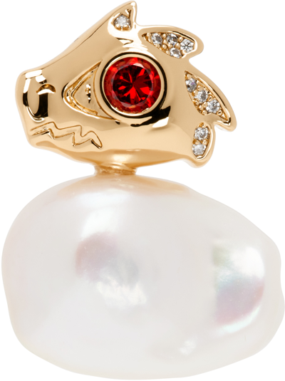 Shop Jiwinaia Gold & White Dragon Pearl Single Earring In Red