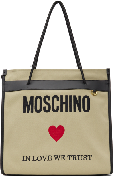 Shop Moschino Beige Embroidered Tote In A1081 Fantasy Beige