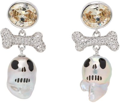 Shop Jiwinaia Silver & White Skull Pearl Drop Earrings In Lemon