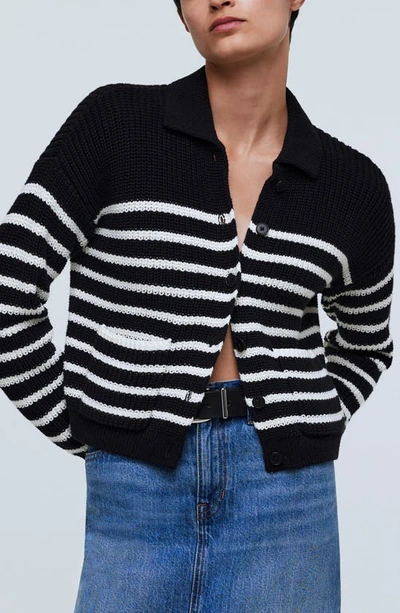Shop Madewell Melanie Stripe Cotton Crop Cardigan Sweater In True Black