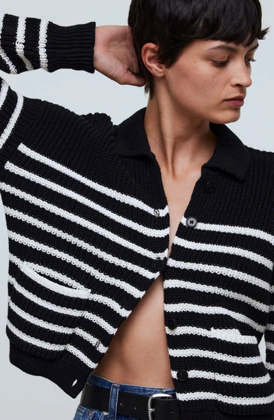 Shop Madewell Melanie Stripe Cotton Crop Cardigan Sweater In True Black