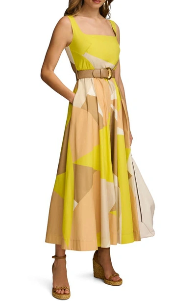 Donna Karan Printed Belted Square Neck Dress In Fawn Multi