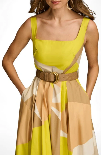 Donna Karan Printed Belted Square Neck Dress In Fawn Multi