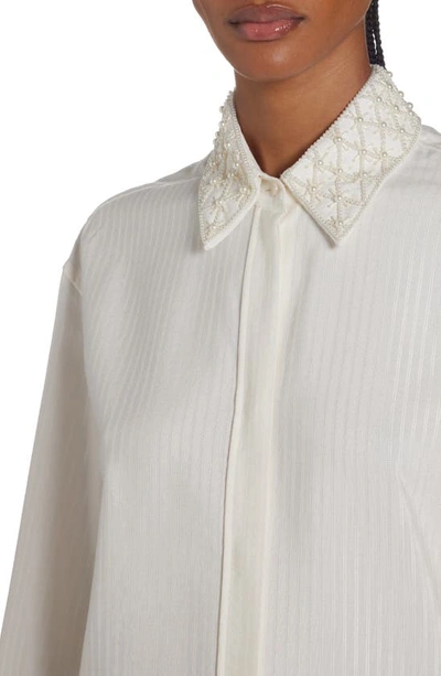 Shop Golden Goose Imitation Pearl Embellished Jacquard Stripe Button-up Shirt In Antique White