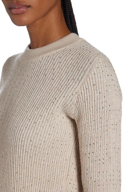 Shop Golden Goose Crystal Embellished Virgin Wool Rib Crewneck Sweater In Beige