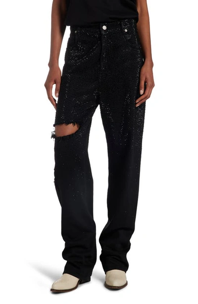 Shop Golden Goose Crystal Embellished Ripped Straight Leg Jeans In Black