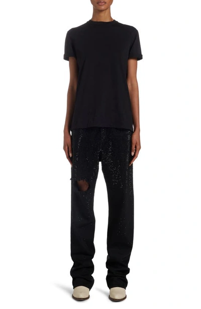 Shop Golden Goose Crystal Embellished Ripped Straight Leg Jeans In Black