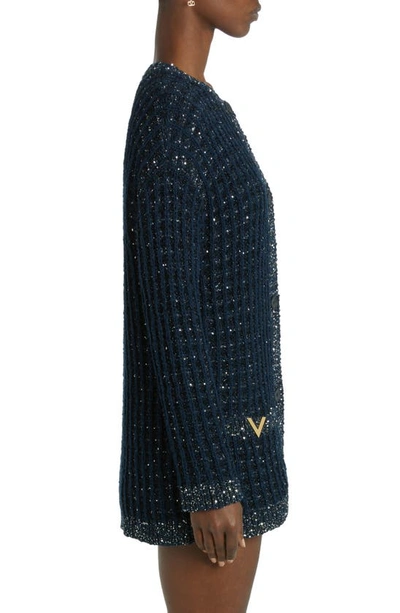 Shop Valentino Sequin Metallic Tweed Cardigan In Nero/ Navy