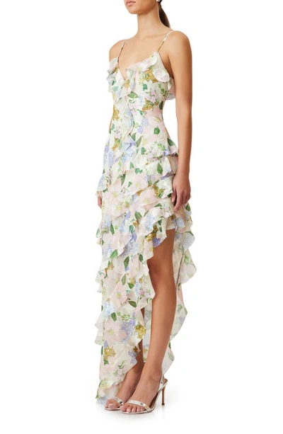 Shop Elliatt Wilhelmina Floral Print Ruffle Chiffon Maxi Dress In Ivory Multi