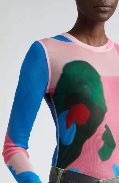 Shop Jw Anderson Abstract Print Long Sleeve Underpinning Mesh Top In Pink/ Multi