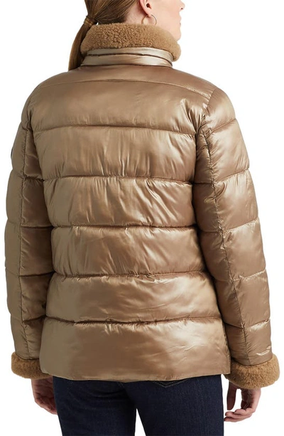 Shop Lauren Ralph Lauren Puffer Jacket With Faux Fur Trim In Gold Metal
